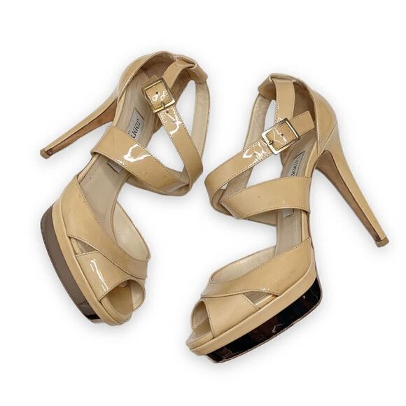 Jimmy Choo Women's Natural Beige Patent Leather Kuki Sandal Platform Size 38.5 - Picture 4 of 11